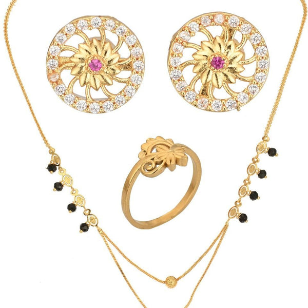 AanyaCentric Gold-plated Jewelry Combo: Elegant Short Mangalsutra, Finger Ring, and American Diamond Earrings Set - Distacart