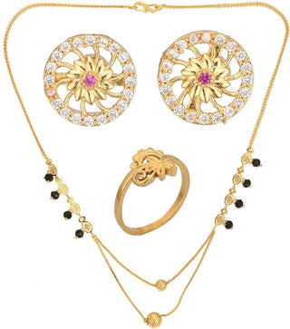 AanyaCentric Gold-plated Jewelry Combo: Elegant Short Mangalsutra, Finger Ring, and American Diamond Earrings Set - Distacart