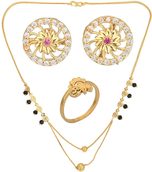 AanyaCentric Gold-plated Jewelry Combo: Elegant Short Mangalsutra, Finger Ring, and American Diamond Earrings Set - Distacart