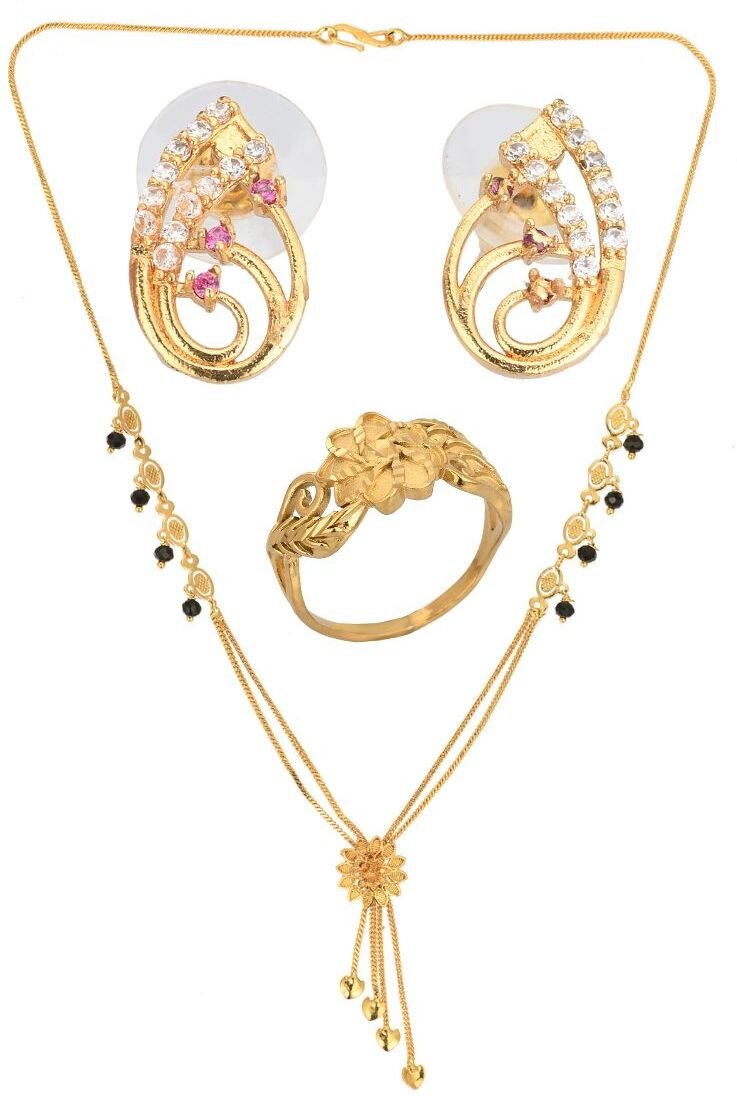 AanyaCentric Gold-plated Jewelry Combo: Elegant Short Mangalsutra, Finger Ring, and American Diamond Earrings Set - Distacart