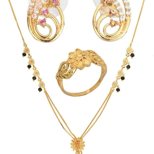 AanyaCentric Gold-plated Jewelry Combo: Elegant Short Mangalsutra, Finger Ring, and American Diamond Earrings Set - Distacart