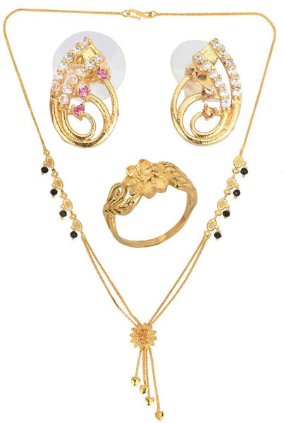 AanyaCentric Gold-plated Jewelry Combo: Elegant Short Mangalsutra, Finger Ring, and American Diamond Earrings Set - Distacart