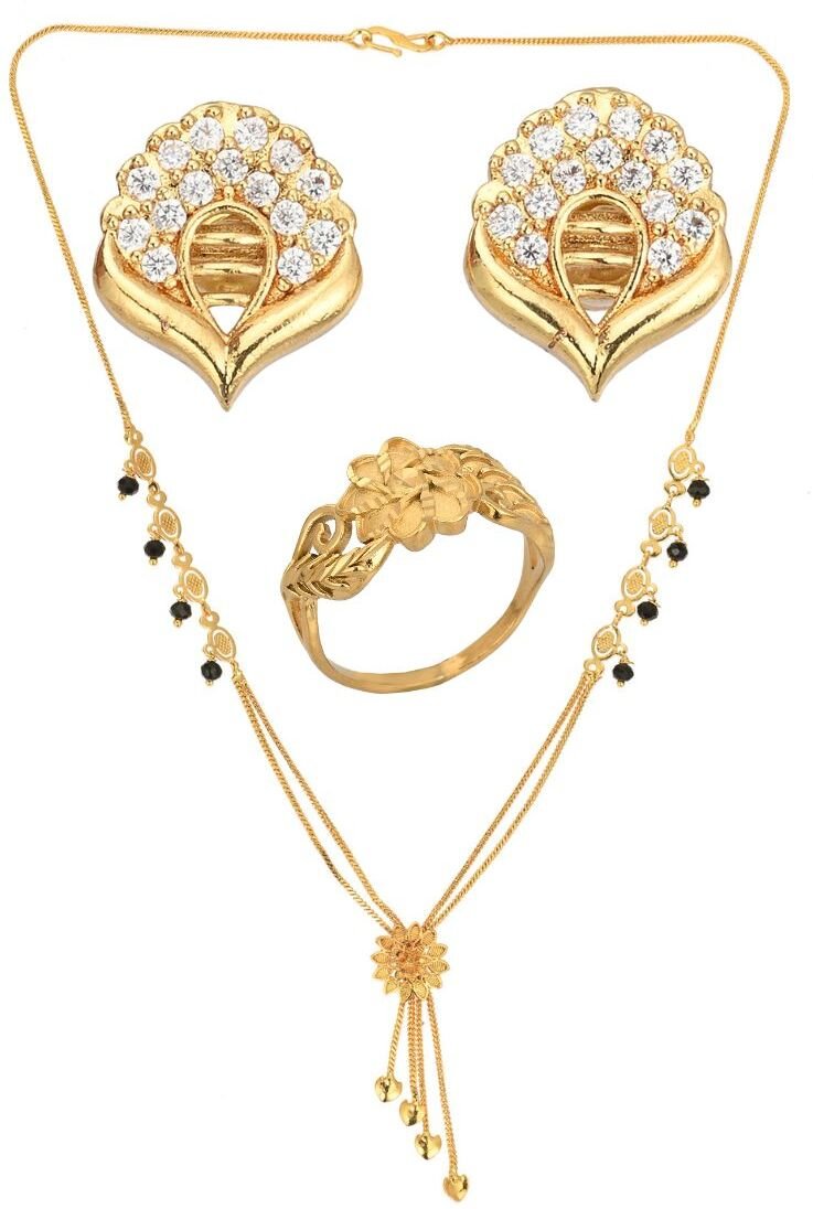 AanyaCentric Gold-plated Jewelry Combo: Elegant Short Mangalsutra, Finger Ring, and American Diamond Earrings Set - Distacart