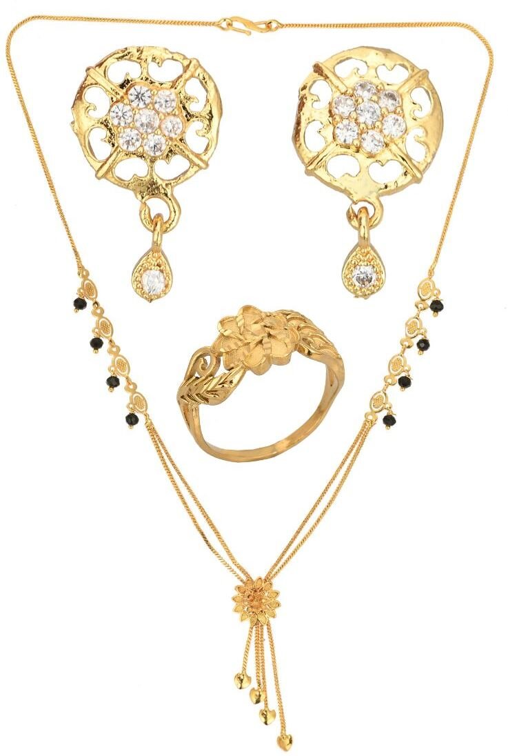 AanyaCentric Gold-plated Jewelry Combo: Elegant Short Mangalsutra, Finger Ring, and American Diamond Earrings Set - Distacart