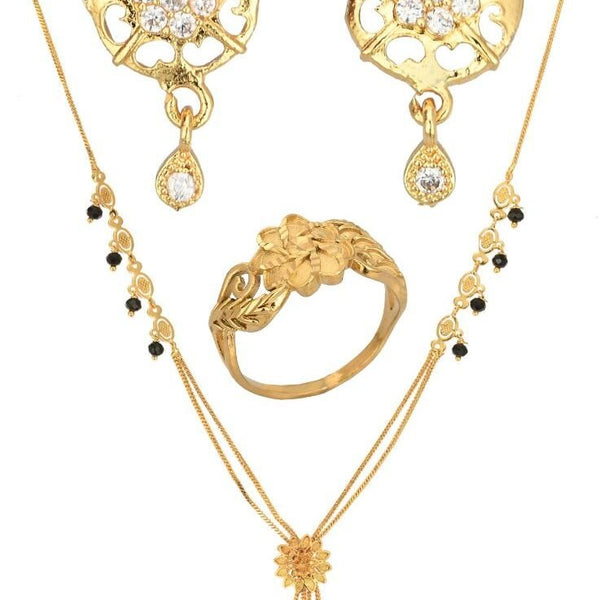 AanyaCentric Gold-plated Jewelry Combo: Elegant Short Mangalsutra, Finger Ring, and American Diamond Earrings Set - Distacart