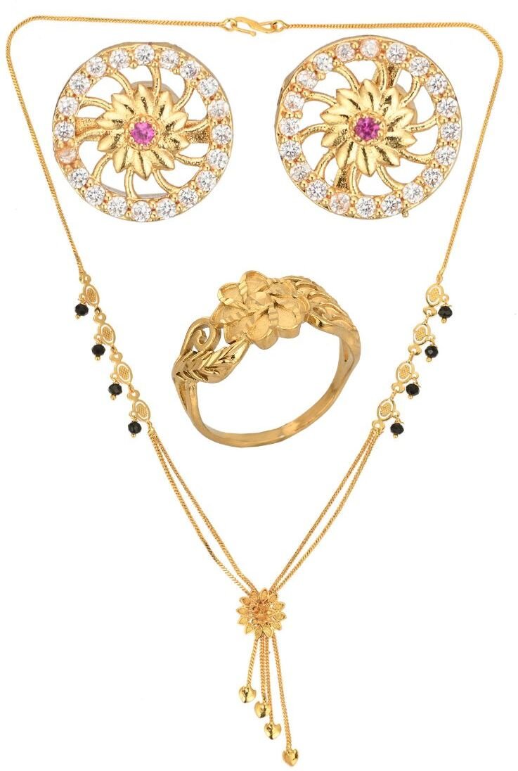 AanyaCentric Gold-plated Jewelry Combo: Elegant Short Mangalsutra, Finger Ring, and American Diamond Earrings Set - Distacart
