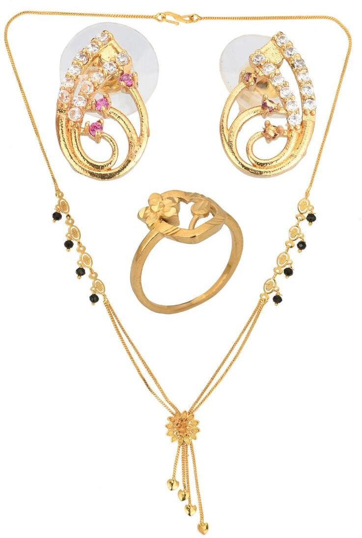 AanyaCentric Gold-plated Jewelry Combo: Elegant Short Mangalsutra, Finger Ring, and American Diamond Earrings Set - Distacart