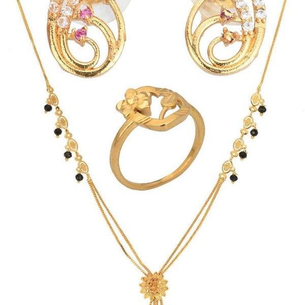 AanyaCentric Gold-plated Jewelry Combo: Elegant Short Mangalsutra, Finger Ring, and American Diamond Earrings Set - Distacart