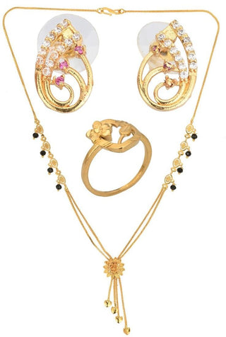 AanyaCentric Gold-plated Jewelry Combo: Elegant Short Mangalsutra, Finger Ring, and American Diamond Earrings Set - Distacart