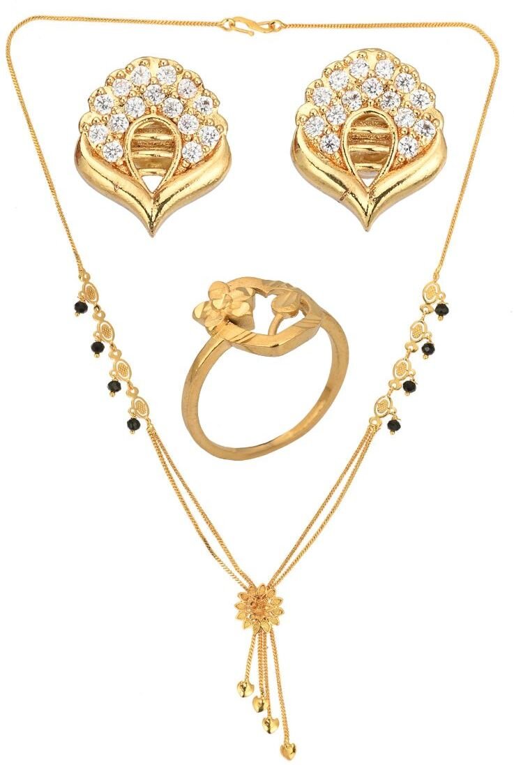 AanyaCentric Gold-plated Jewelry Combo: Elegant Short Mangalsutra, Finger Ring, and American Diamond Earrings Set - Distacart