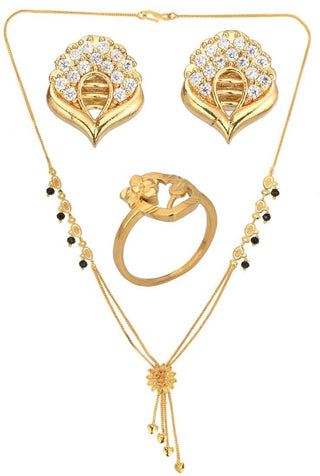 AanyaCentric Gold-plated Jewelry Combo: Elegant Short Mangalsutra, Finger Ring, and American Diamond Earrings Set - Distacart