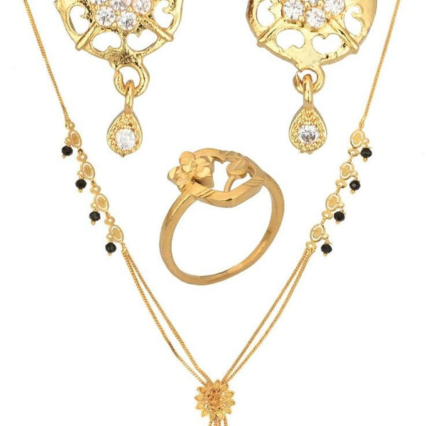 AanyaCentric Gold-plated Jewelry Combo: Elegant Short Mangalsutra, Finger Ring, and American Diamond Earrings Set - Distacart