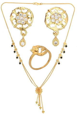 AanyaCentric Gold-plated Jewelry Combo: Elegant Short Mangalsutra, Finger Ring, and American Diamond Earrings Set - Distacart