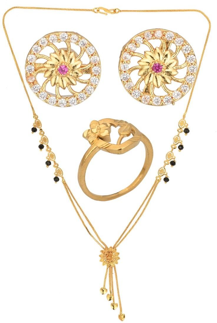 AanyaCentric Gold-plated Jewelry Combo: Elegant Short Mangalsutra, Finger Ring, and American Diamond Earrings Set - Distacart