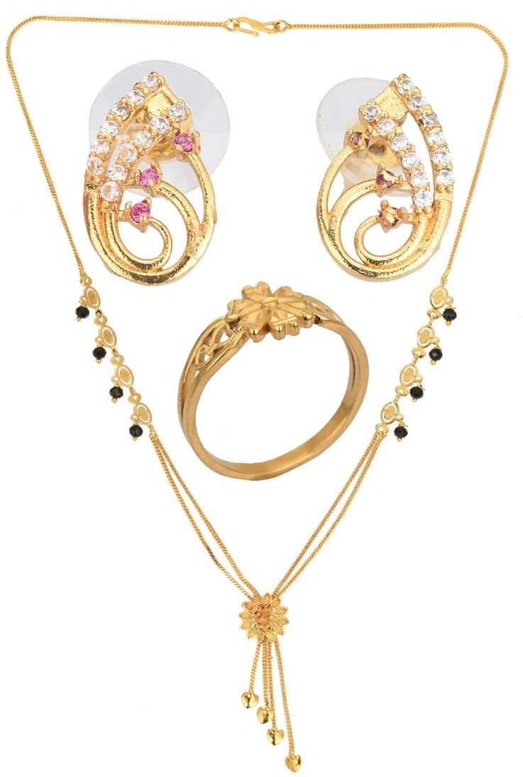 AanyaCentric Gold-plated Jewelry Combo: Elegant Short Mangalsutra, Finger Ring, and American Diamond Earrings Set - Distacart