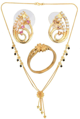 AanyaCentric Gold-plated Jewelry Combo: Elegant Short Mangalsutra, Finger Ring, and American Diamond Earrings Set - Distacart