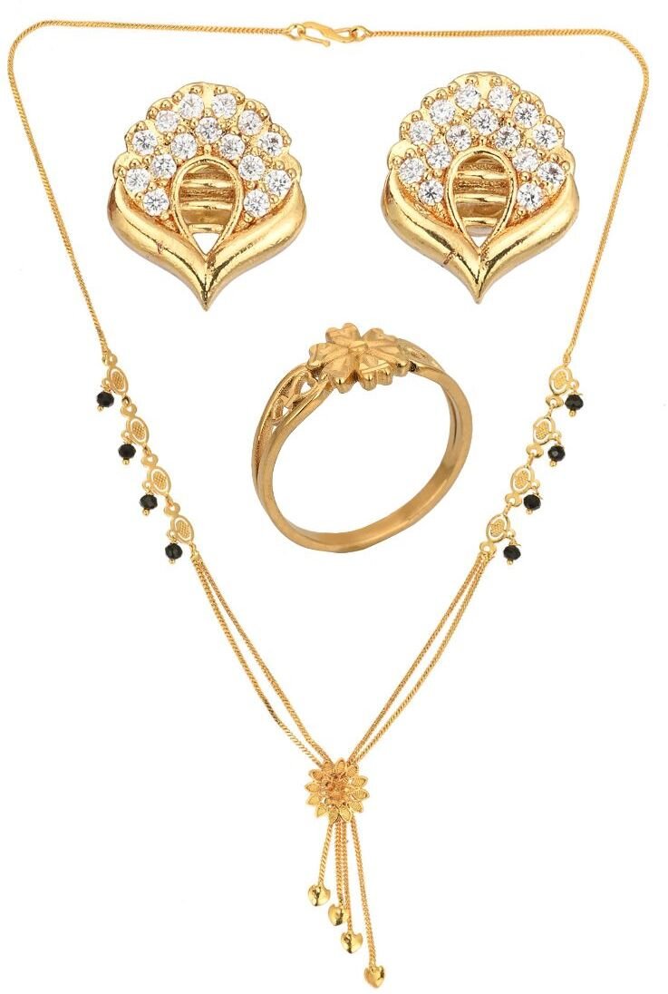 AanyaCentric Gold-plated Jewelry Combo: Elegant Short Mangalsutra, Finger Ring, and American Diamond Earrings Set - Distacart