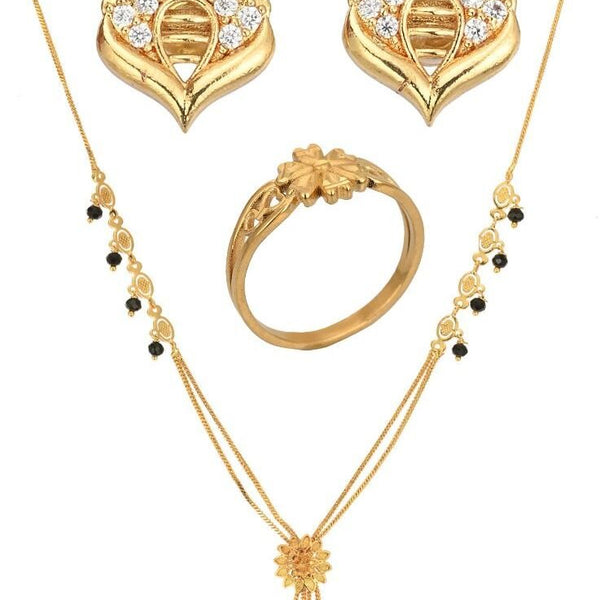 AanyaCentric Gold-plated Jewelry Combo: Elegant Short Mangalsutra, Finger Ring, and American Diamond Earrings Set - Distacart