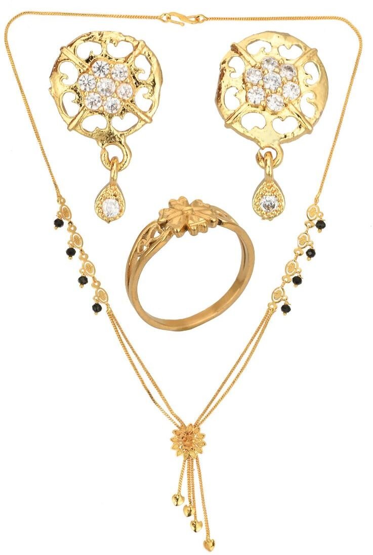 AanyaCentric Gold-plated Jewelry Combo: Elegant Short Mangalsutra, Finger Ring, and American Diamond Earrings Set - Distacart