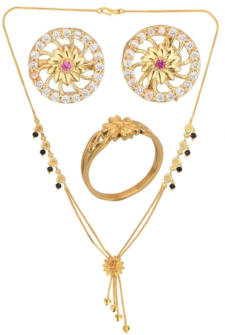 AanyaCentric Gold-plated Jewelry Combo: Elegant Short Mangalsutra, Finger Ring, and American Diamond Earrings Set - Distacart