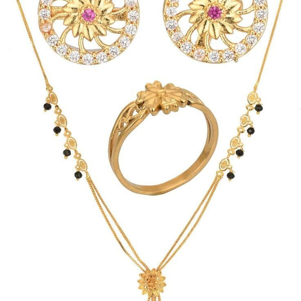 AanyaCentric Gold-plated Jewelry Combo: Elegant Short Mangalsutra, Finger Ring, and American Diamond Earrings Set - Distacart