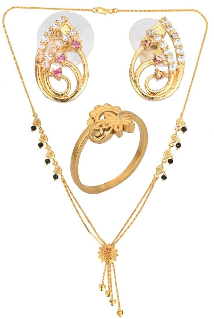 AanyaCentric Gold-plated Jewelry Combo: Elegant Short Mangalsutra, Finger Ring, and American Diamond Earrings Set - Distacart