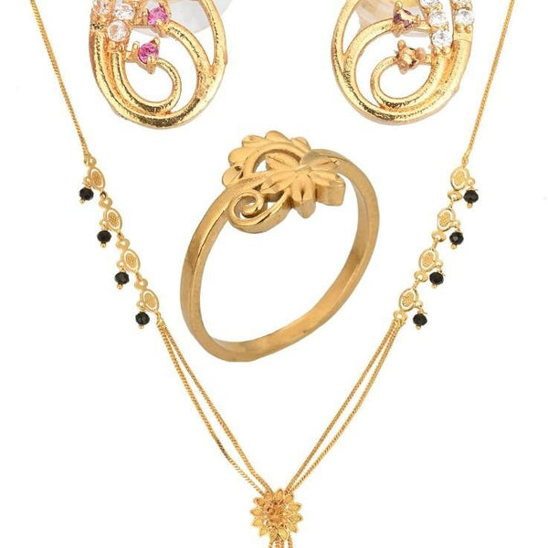 AanyaCentric Gold-plated Jewelry Combo: Elegant Short Mangalsutra, Finger Ring, and American Diamond Earrings Set - Distacart