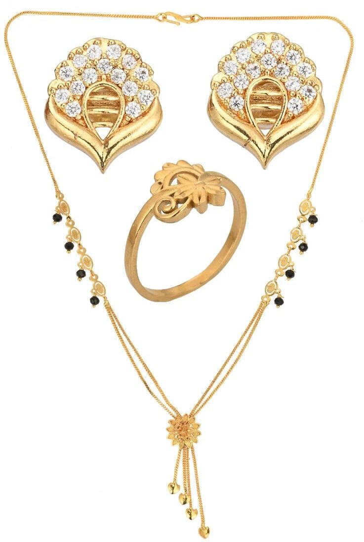 AanyaCentric Gold-plated Jewelry Combo: Elegant Short Mangalsutra, Finger Ring, and American Diamond Earrings Set - Distacart