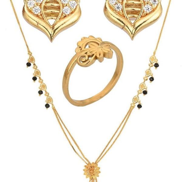 AanyaCentric Gold-plated Jewelry Combo: Elegant Short Mangalsutra, Finger Ring, and American Diamond Earrings Set - Distacart