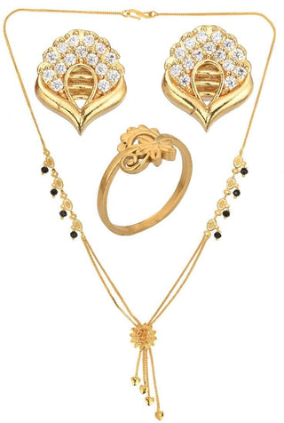 AanyaCentric Gold-plated Jewelry Combo: Elegant Short Mangalsutra, Finger Ring, and American Diamond Earrings Set - Distacart