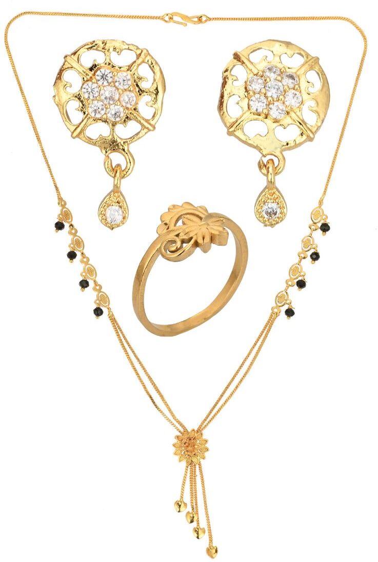 AanyaCentric Gold-plated Jewelry Combo: Elegant Short Mangalsutra, Finger Ring, and American Diamond Earrings Set - Distacart
