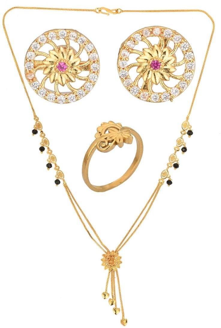 AanyaCentric Gold-plated Jewelry Combo: Elegant Short Mangalsutra, Finger Ring, and American Diamond Earrings Set - Distacart