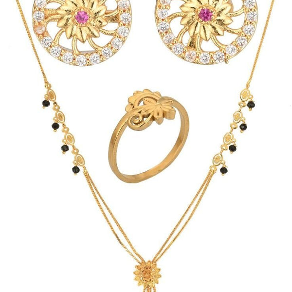 AanyaCentric Gold-plated Jewelry Combo: Elegant Short Mangalsutra, Finger Ring, and American Diamond Earrings Set - Distacart