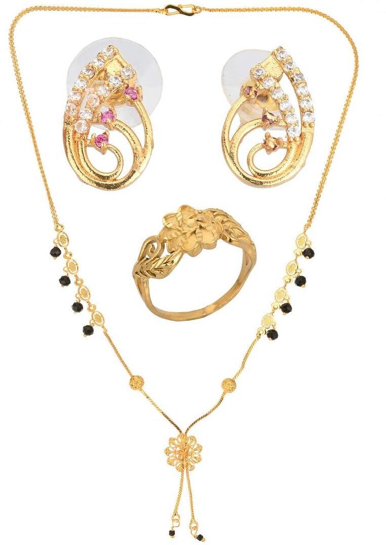 AanyaCentric Gold-plated Jewelry Combo: Elegant Short Mangalsutra, Finger Ring, and American Diamond Earrings Set - Distacart
