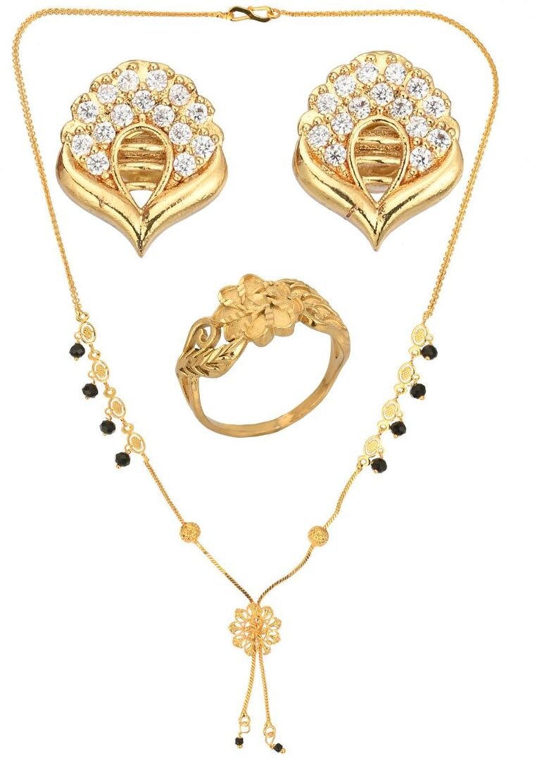 AanyaCentric Gold-plated Jewelry Combo: Elegant Short Mangalsutra, Finger Ring, and American Diamond Earrings Set - Distacart