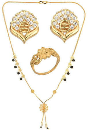 AanyaCentric Gold-plated Jewelry Combo: Elegant Short Mangalsutra, Finger Ring, and American Diamond Earrings Set - Distacart