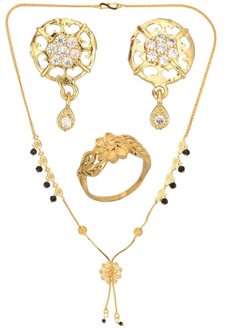 AanyaCentric Gold-plated Jewelry Combo: Elegant Short Mangalsutra, Finger Ring, and American Diamond Earrings Set - Distacart