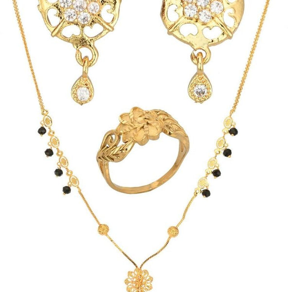 AanyaCentric Gold-plated Jewelry Combo: Elegant Short Mangalsutra, Finger Ring, and American Diamond Earrings Set - Distacart
