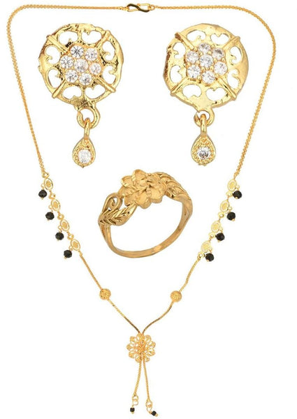 AanyaCentric Gold-plated Jewelry Combo: Elegant Short Mangalsutra, Finger Ring, and American Diamond Earrings Set - Distacart