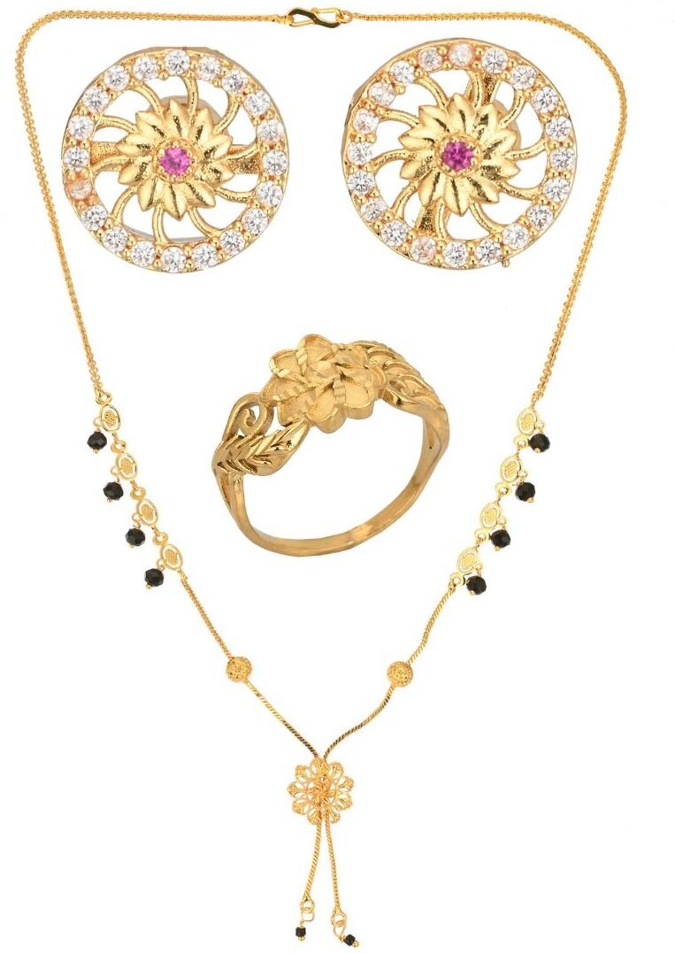 AanyaCentric Gold-plated Jewelry Combo: Elegant Short Mangalsutra, Finger Ring, and American Diamond Earrings Set - Distacart