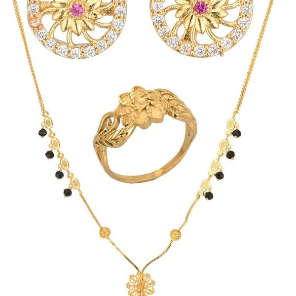AanyaCentric Gold-plated Jewelry Combo: Elegant Short Mangalsutra, Finger Ring, and American Diamond Earrings Set - Distacart