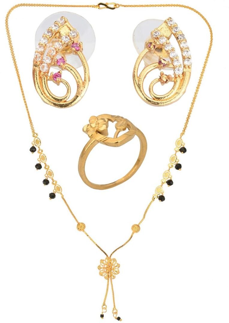 AanyaCentric Gold-plated Jewelry Combo: Elegant Short Mangalsutra, Finger Ring, and American Diamond Earrings Set - Distacart