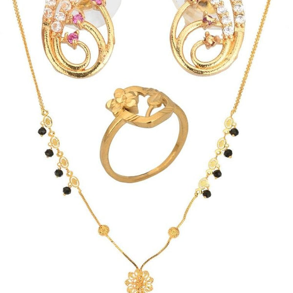AanyaCentric Gold-plated Jewelry Combo: Elegant Short Mangalsutra, Finger Ring, and American Diamond Earrings Set - Distacart