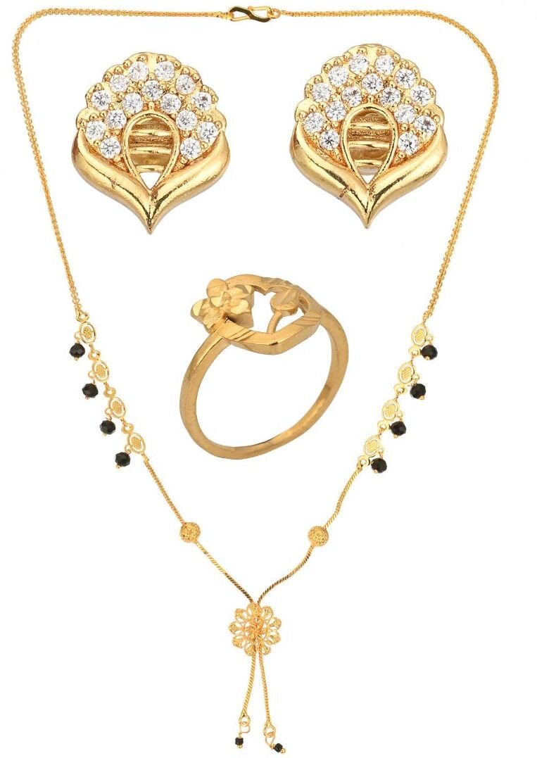 AanyaCentric Gold-plated Jewelry Combo: Elegant Short Mangalsutra, Finger Ring, and American Diamond Earrings Set - Distacart