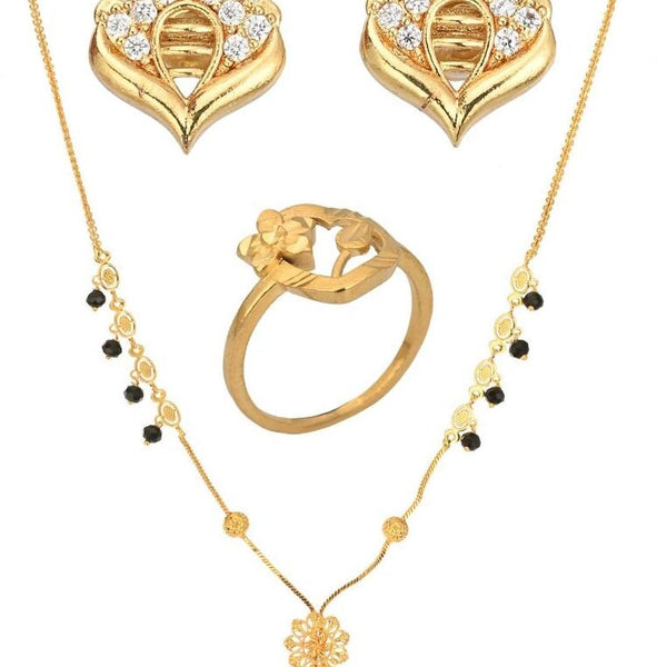 AanyaCentric Gold-plated Jewelry Combo: Elegant Short Mangalsutra, Finger Ring, and American Diamond Earrings Set - Distacart