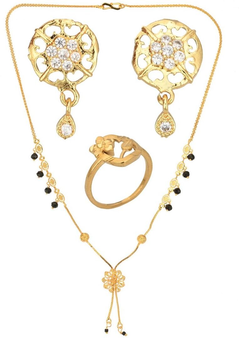 AanyaCentric Gold-plated Jewelry Combo: Elegant Short Mangalsutra, Finger Ring, and American Diamond Earrings Set - Distacart