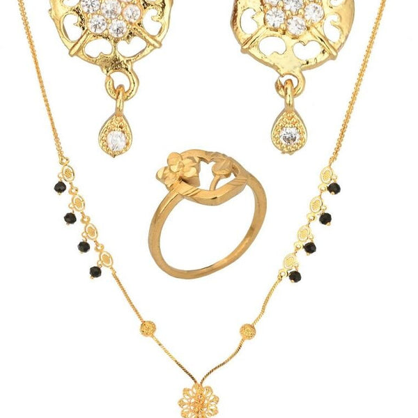 AanyaCentric Gold-plated Jewelry Combo: Elegant Short Mangalsutra, Finger Ring, and American Diamond Earrings Set - Distacart