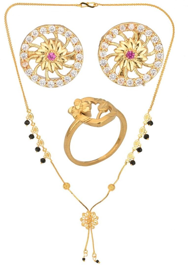 AanyaCentric Gold-plated Jewelry Combo: Elegant Short Mangalsutra, Finger Ring, and American Diamond Earrings Set - Distacart
