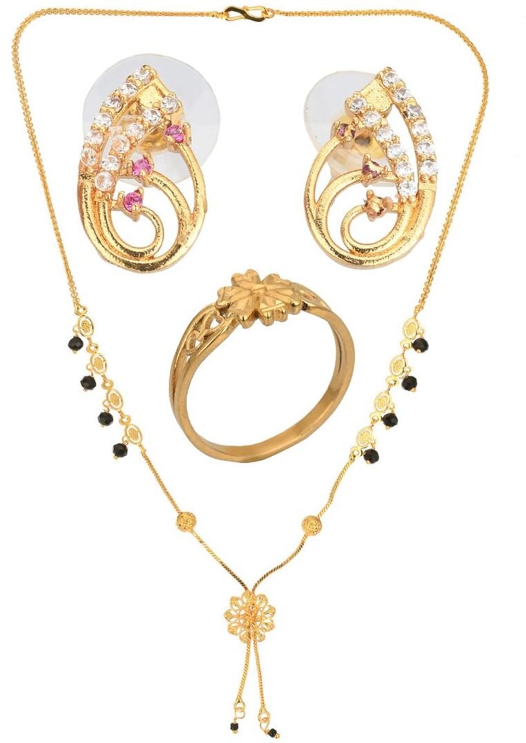 AanyaCentric Gold-plated Jewelry Combo: Elegant Short Mangalsutra, Finger Ring, and American Diamond Earrings Set - Distacart