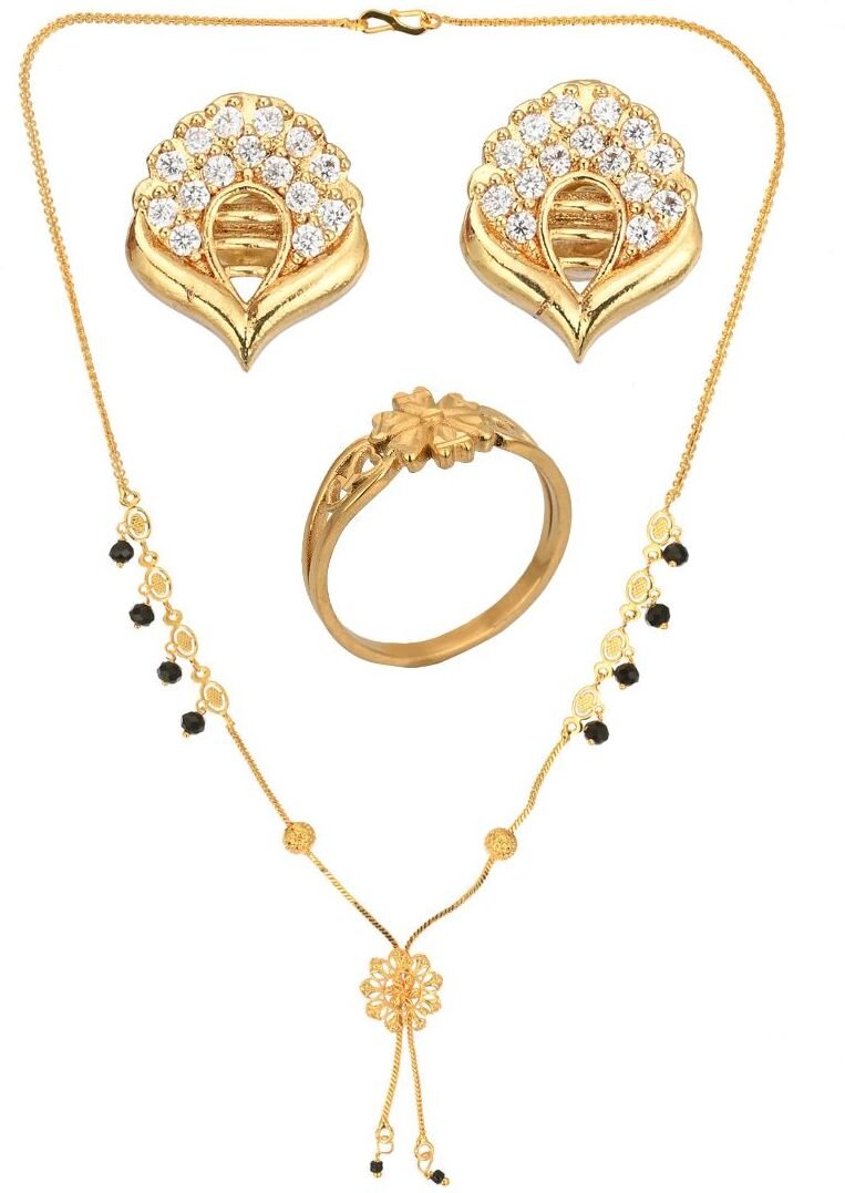 AanyaCentric Gold-plated Jewelry Combo: Elegant Short Mangalsutra, Finger Ring, and American Diamond Earrings Set - Distacart